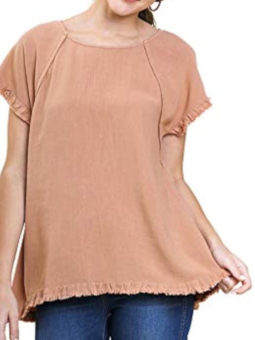 Umgee Pintuck High-Low Fringed Top in Toffee, 55% Linen 45% Cotton Blend